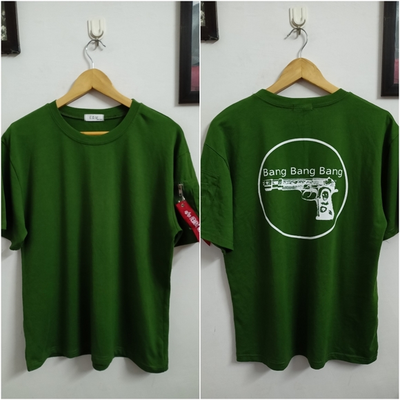 Korean Other - Korean olive green drop sleeves graphic t-shirt for men's and women's